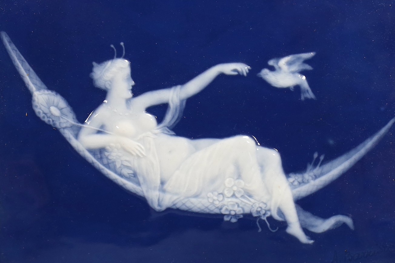 A French Limoges Pate sur Pate plaque of a classical scene. Plate size 11 x 15cm